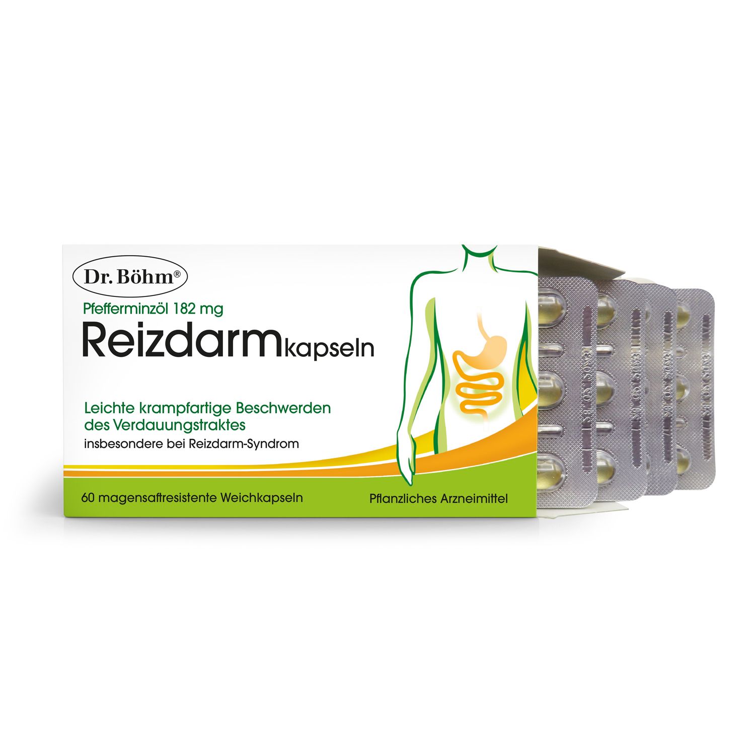 Produktverpackung mit geöffneter Schachtel und Blistern. Kapseln sichtbar. Aufschrift: Dr. Böhm Pfefferminzöl 182 mg Reizdarmkapseln.