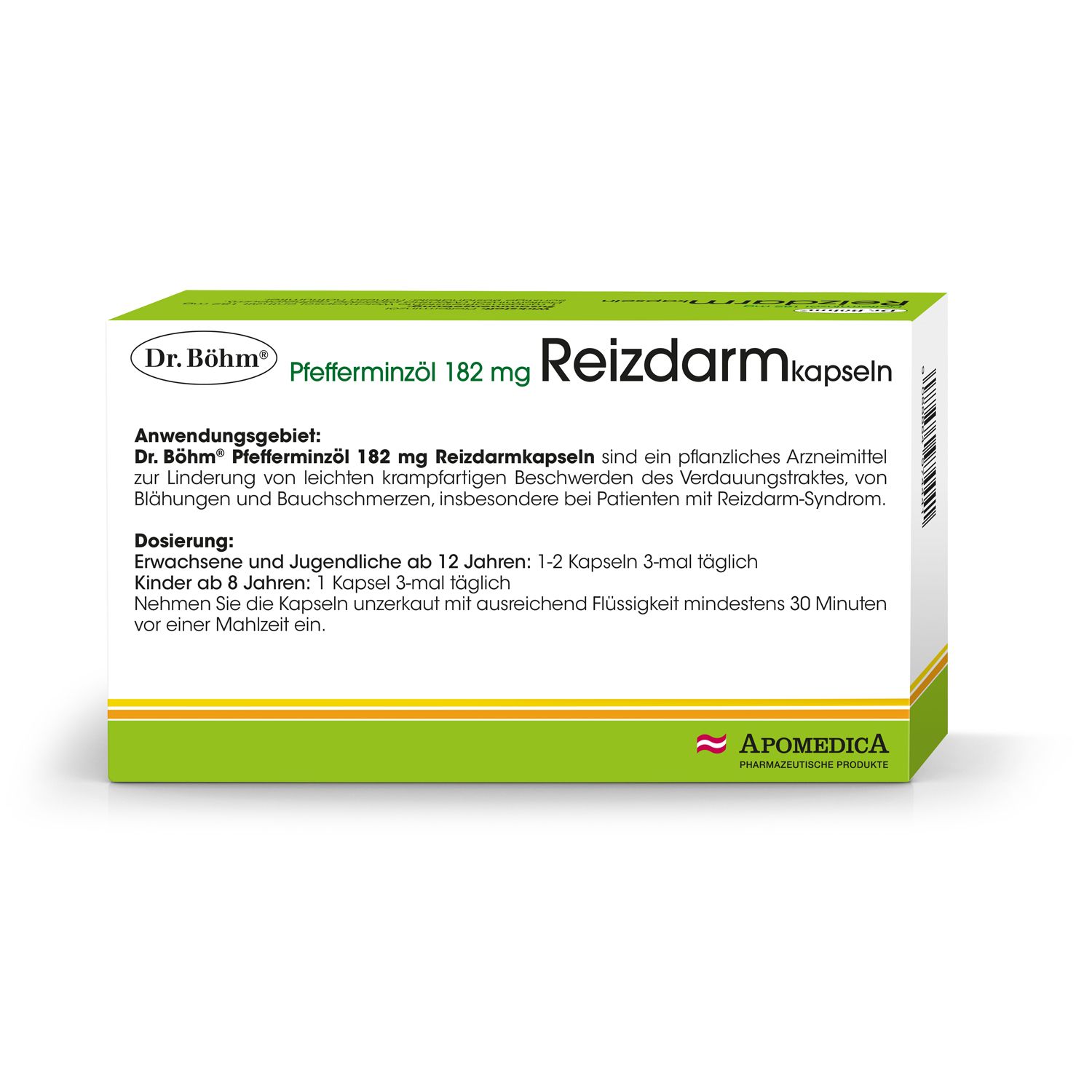 Produktverpackung mit Text. Aufschrift: Dr. Böhm Pfefferminzöl 182 mg Reizdarmkapseln. Text über Anwendung und Dosierung.