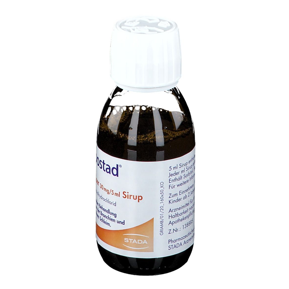 Braune Flüssigkeit in einer Flasche mit weißem Verschluss. Aufschrift: Grippostad Ambroxol Schleimlöser 30mg/5ml Sirup.