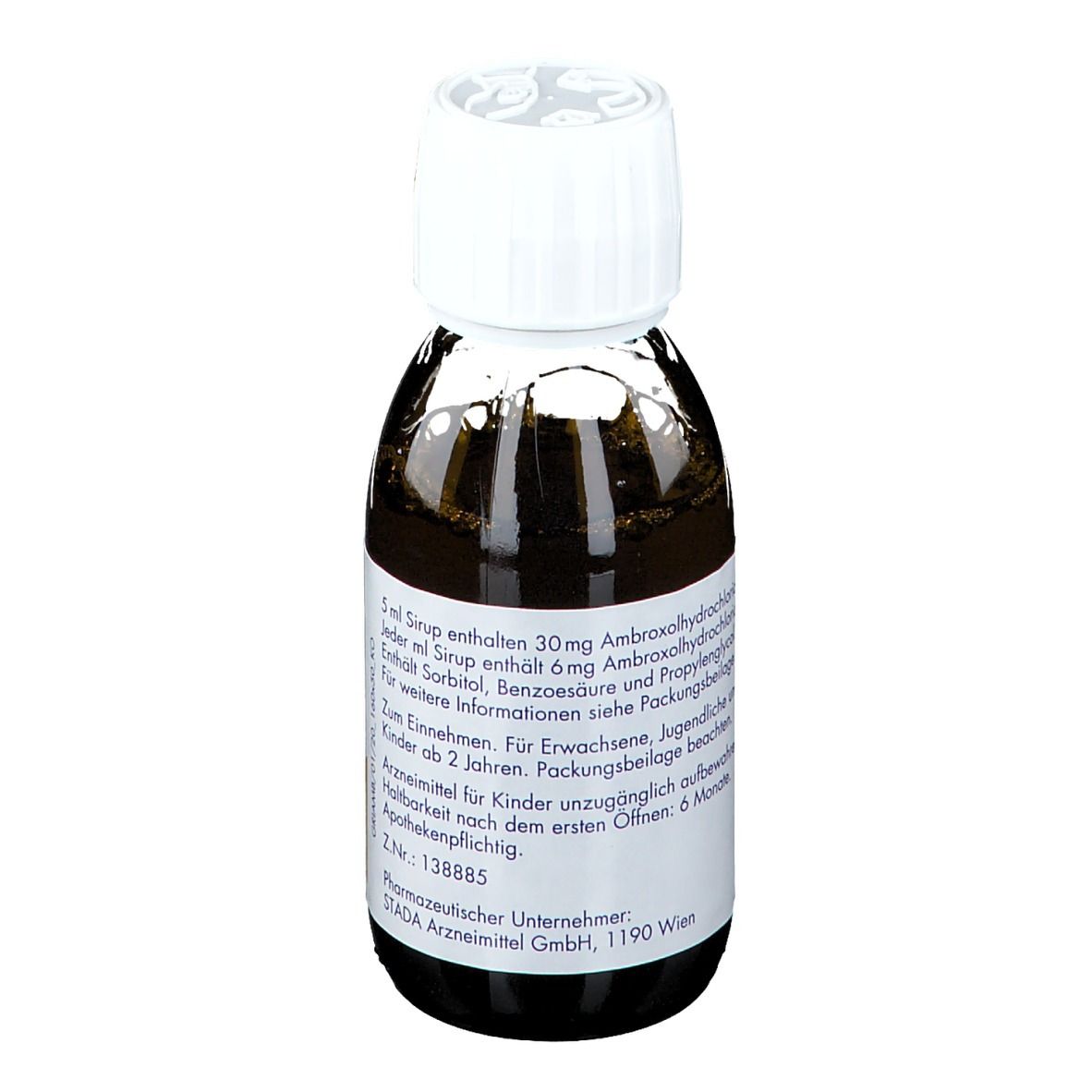 Rückseite einer Flasche mit brauner Flüssigkeit und weißem Verschluss. Textinformationen zum Produkt.
