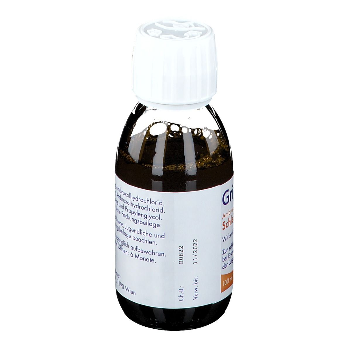 Flasche mit brauner Flüssigkeit und weißem Verschluss. Aufschrift: Grippostad Ambroxol Schleimlöser 100 ml Sirup.