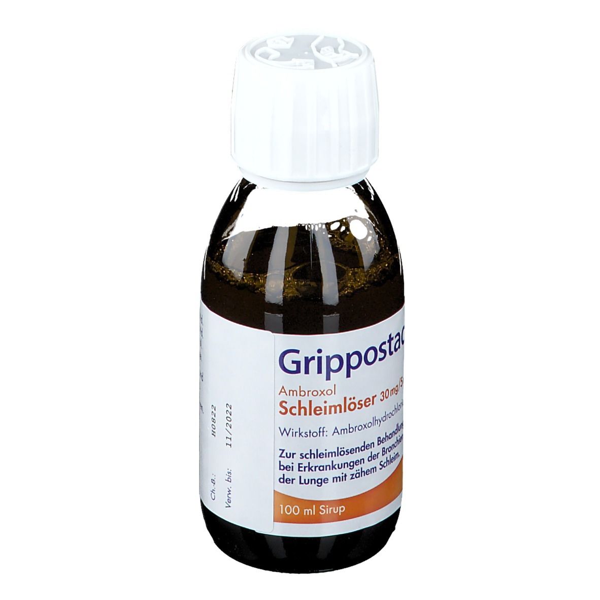 Flasche mit brauner Flüssigkeit und weißem Verschluss. Aufschrift: Grippostad Ambroxol Schleimlöser 100 ml Sirup.