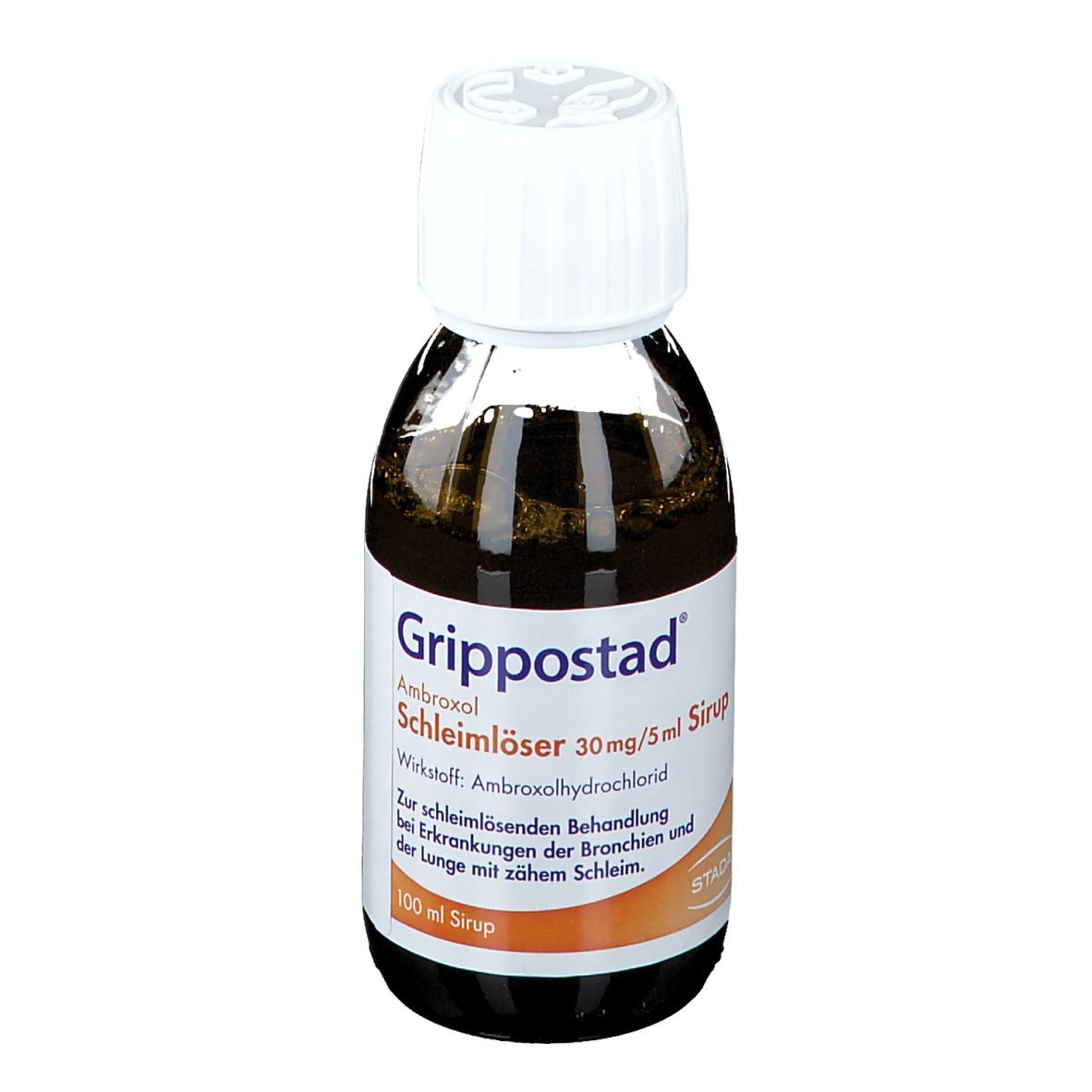 Flasche mit brauner Flüssigkeit und weißem Verschluss. Aufschrift: Grippostad Ambroxol Schleimlöser 100 ml Sirup.