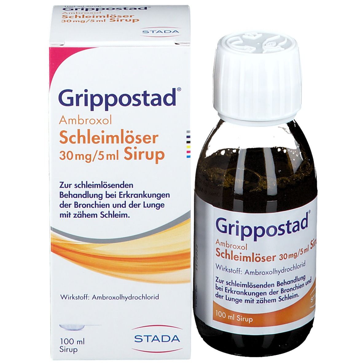 Flasche und Schachtel. Aufschrift: Grippostad Ambroxol Schleimlöser 30mg/5ml Sirup. 100 ml Sirup.