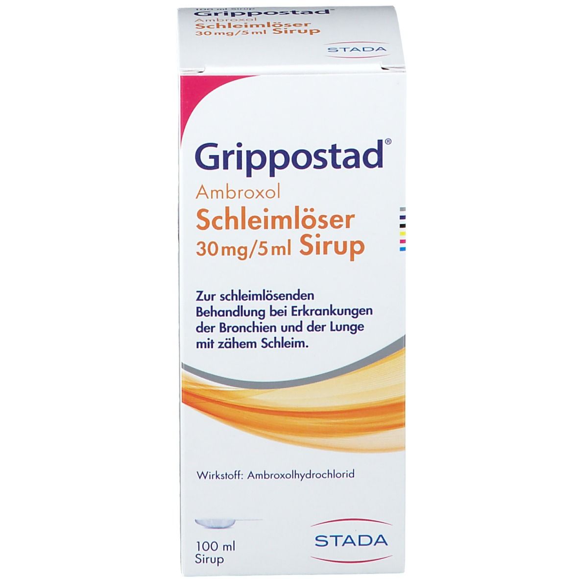 Schachtel mit Aufschrift: Grippostad Ambroxol Schleimlöser 30mg/5ml Sirup. 100 ml Sirup.