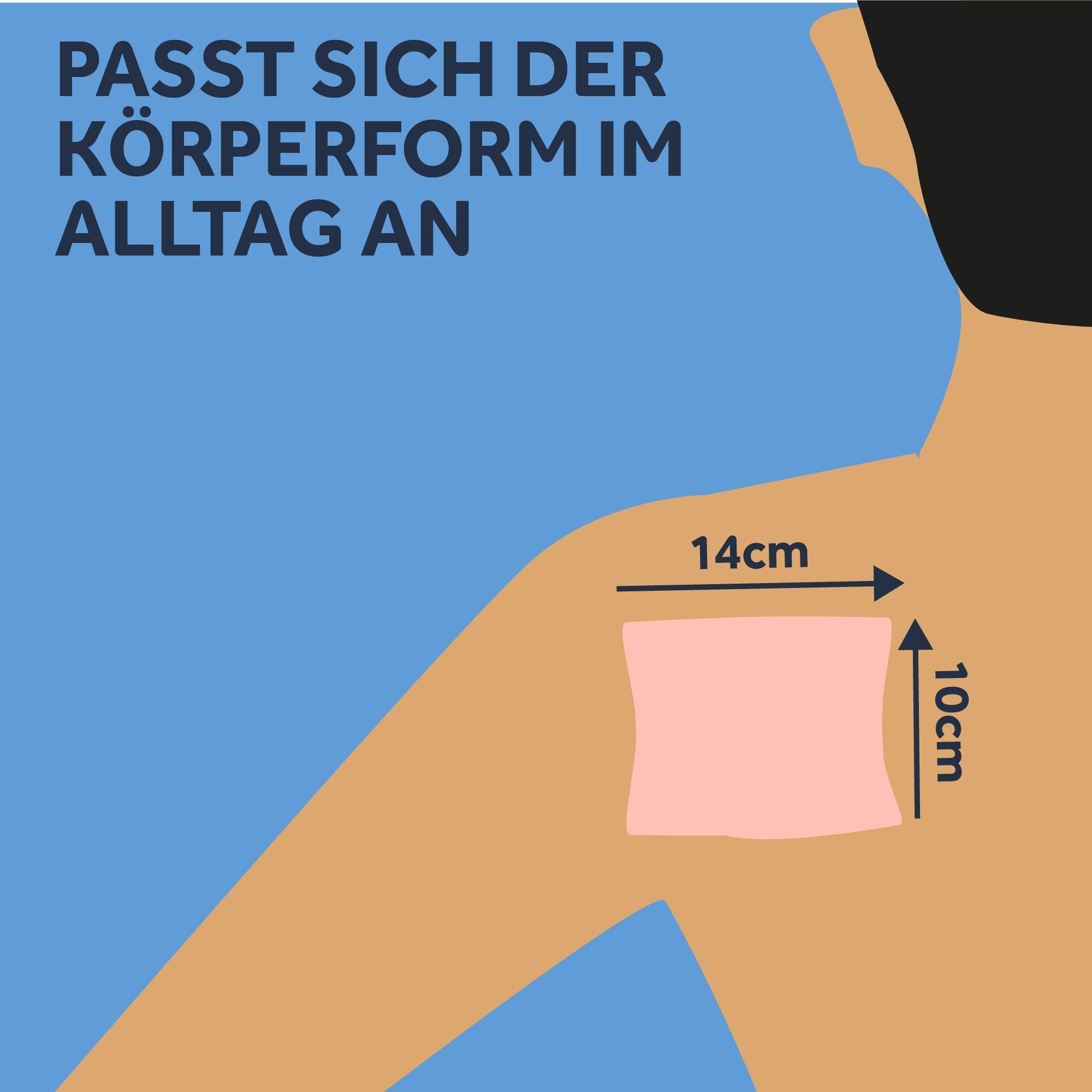 Grafik zeigt ein Pflaster auf einer Schulter. Maße: 14cm x 10cm. Text: Passt sich der Körperform an.