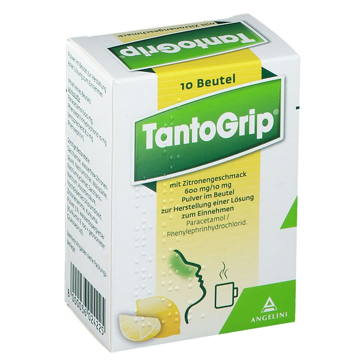 Karton mit TantoGrip® mit Zitronengeschmack. 10 Beutel. Aufdruck: 600 mg/10 mg, Pulver zur Herstellung einer Lösung. Zitrone und Tasse abgebildet.