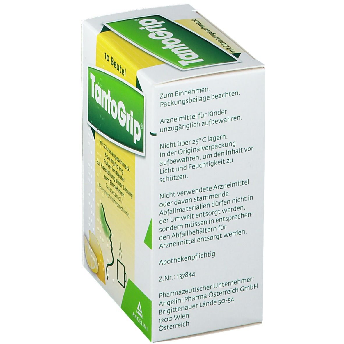Rückseite der TantoGrip®-Verpackung. Text: Arzneimittel für Kinder unzugänglich aufbewahren. Apothekenpflichtig. Hersteller: Angelini Pharma.