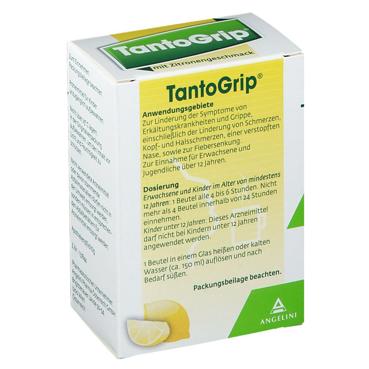 Seite der TantoGrip®-Verpackung. Text: Anwendung, Dosierung. Illustration: Zitrone und Tasse. Hersteller: Angelini Pharma.