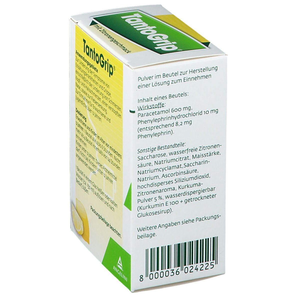 Seite der TantoGrip®-Verpackung. Text: Inhaltsstoffe, Wirkstoffe. Barcode. Hersteller: Angelini Pharma.