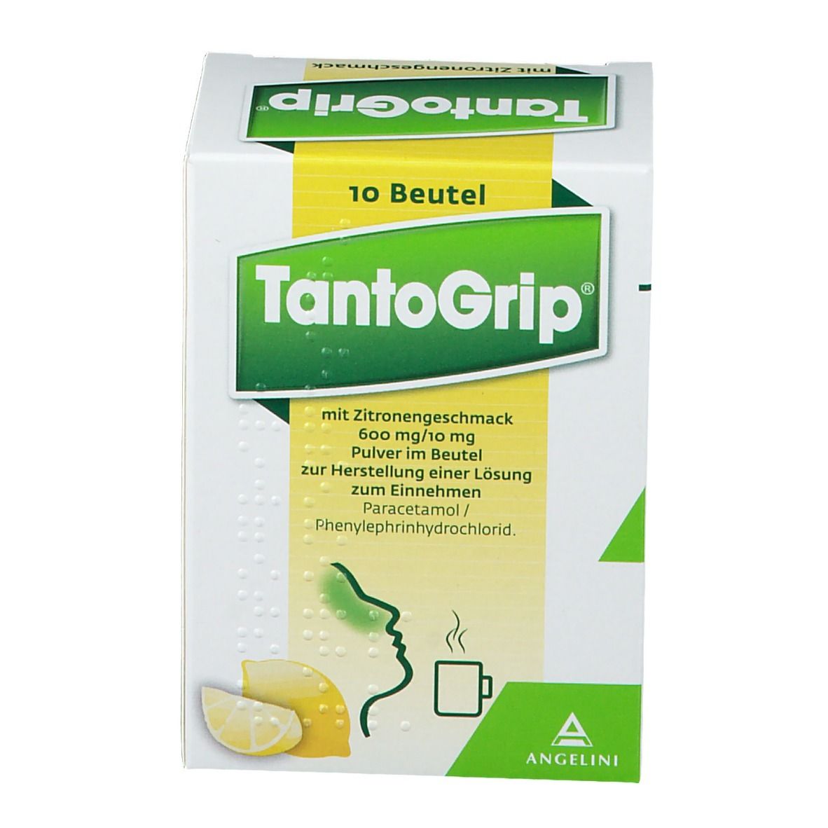 Vorderansicht der TantoGrip®-Verpackung. 10 Beutel. Aufdruck: 600 mg/10 mg, Pulver zur Herstellung einer Lösung. Zitrone und Tasse abgebildet.