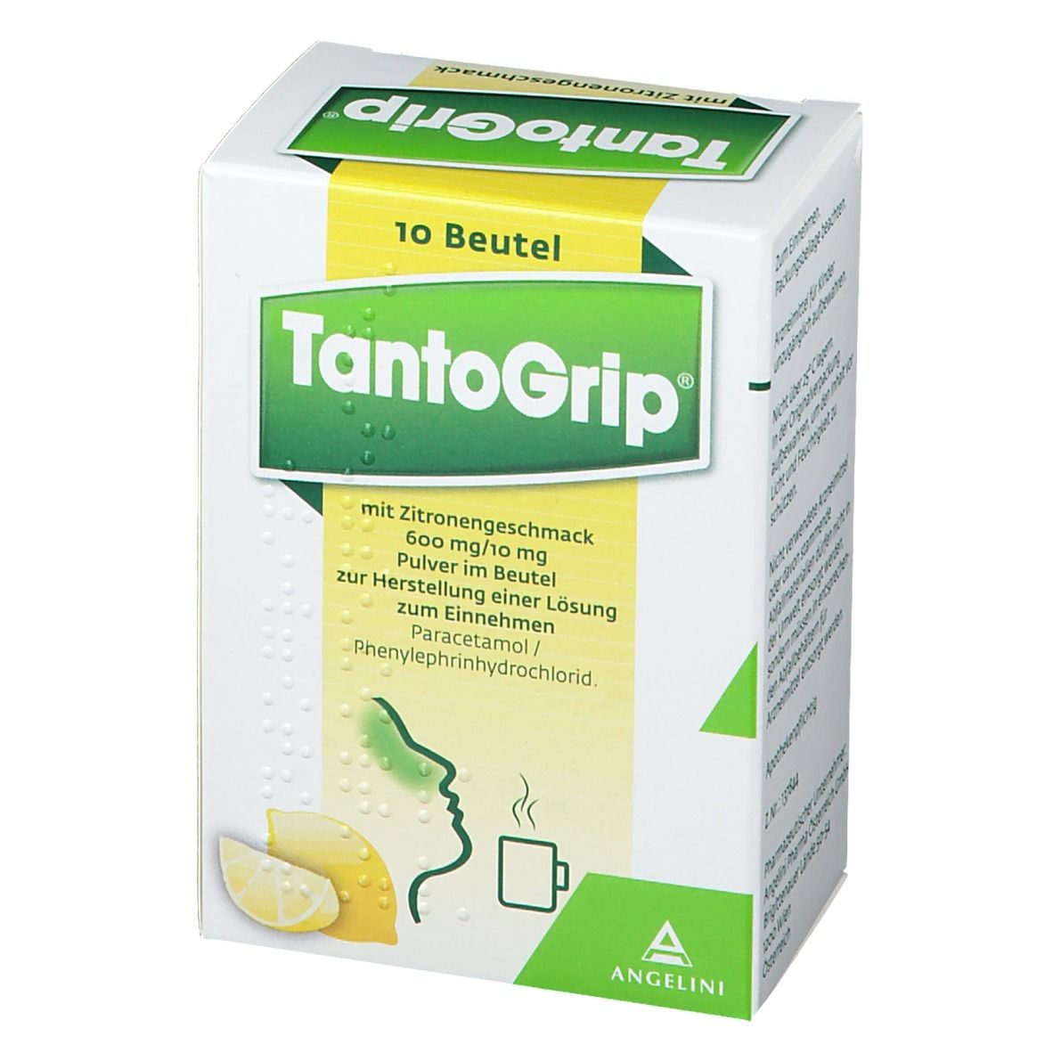 Vorderansicht der TantoGrip®-Verpackung. 10 Beutel. Aufdruck: 600 mg/10 mg, Pulver zur Herstellung einer Lösung. Zitrone und Tasse abgebildet.
