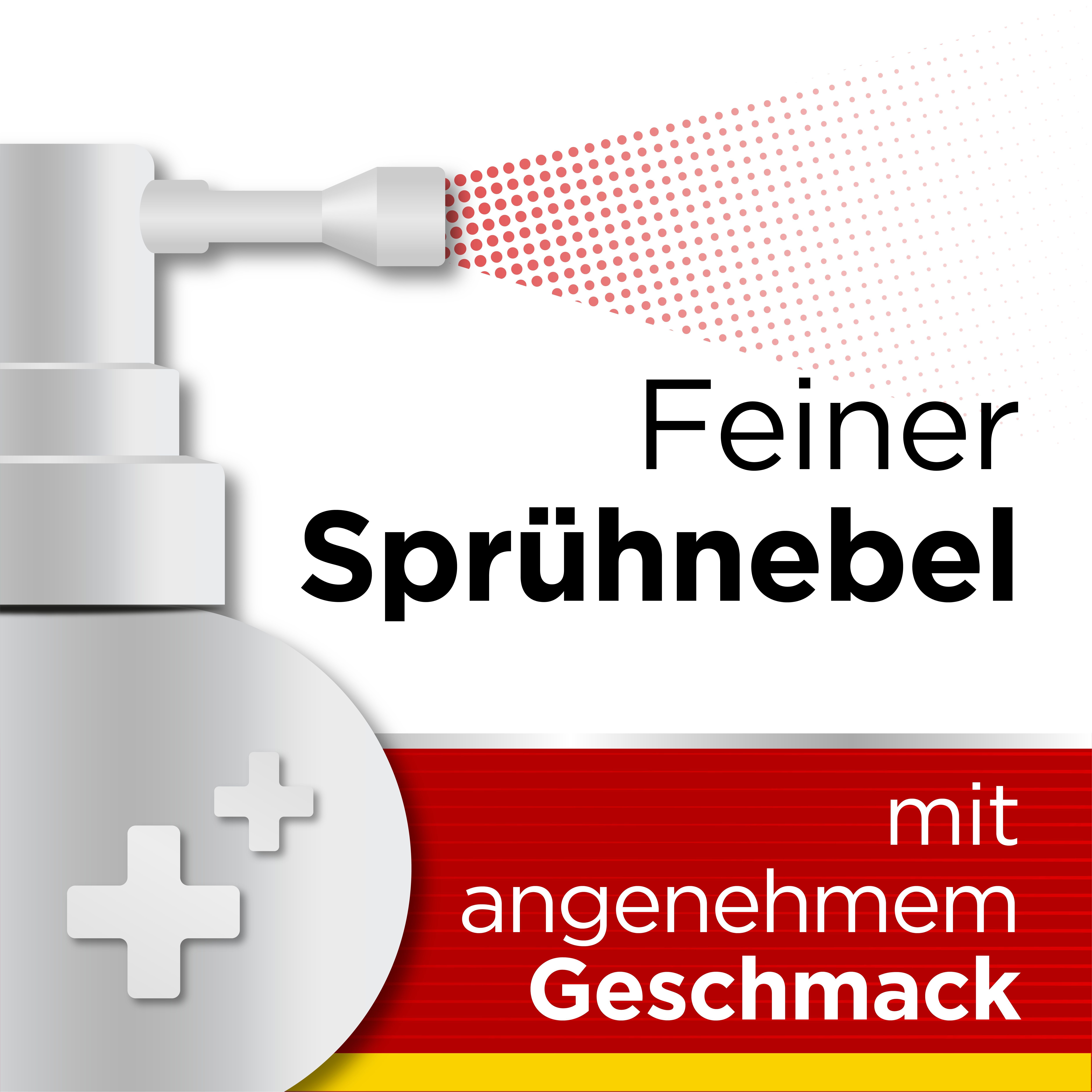 Sprayflasche mit Aufsatz. Text: Feiner Sprühnebel mit angenehmem Geschmack. Roter und gelber Streifen.
