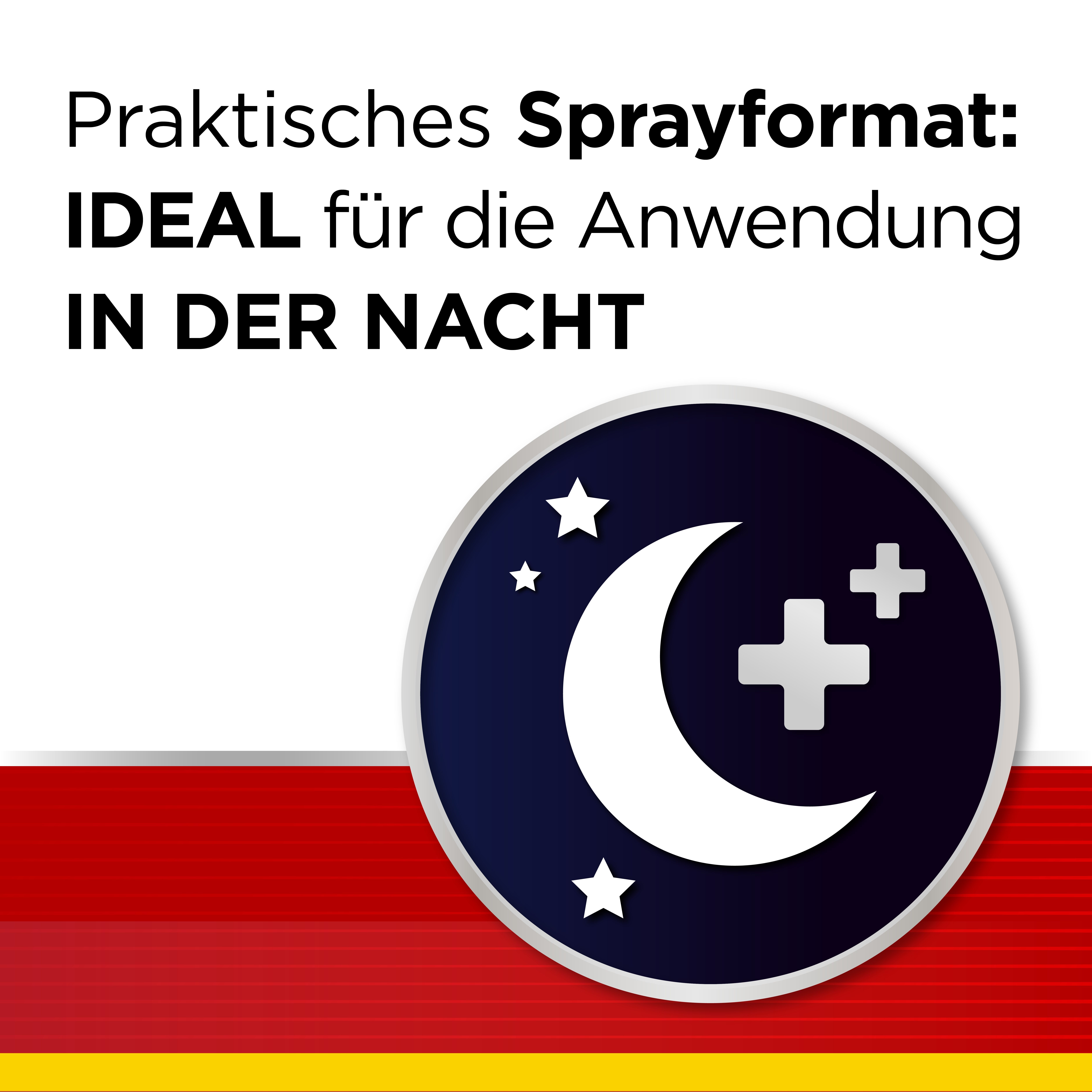 Blauer Kreis mit Mond und Sternen. Text: Praktisches Sprayformat: IDEAL für die Anwendung IN DER NACHT.