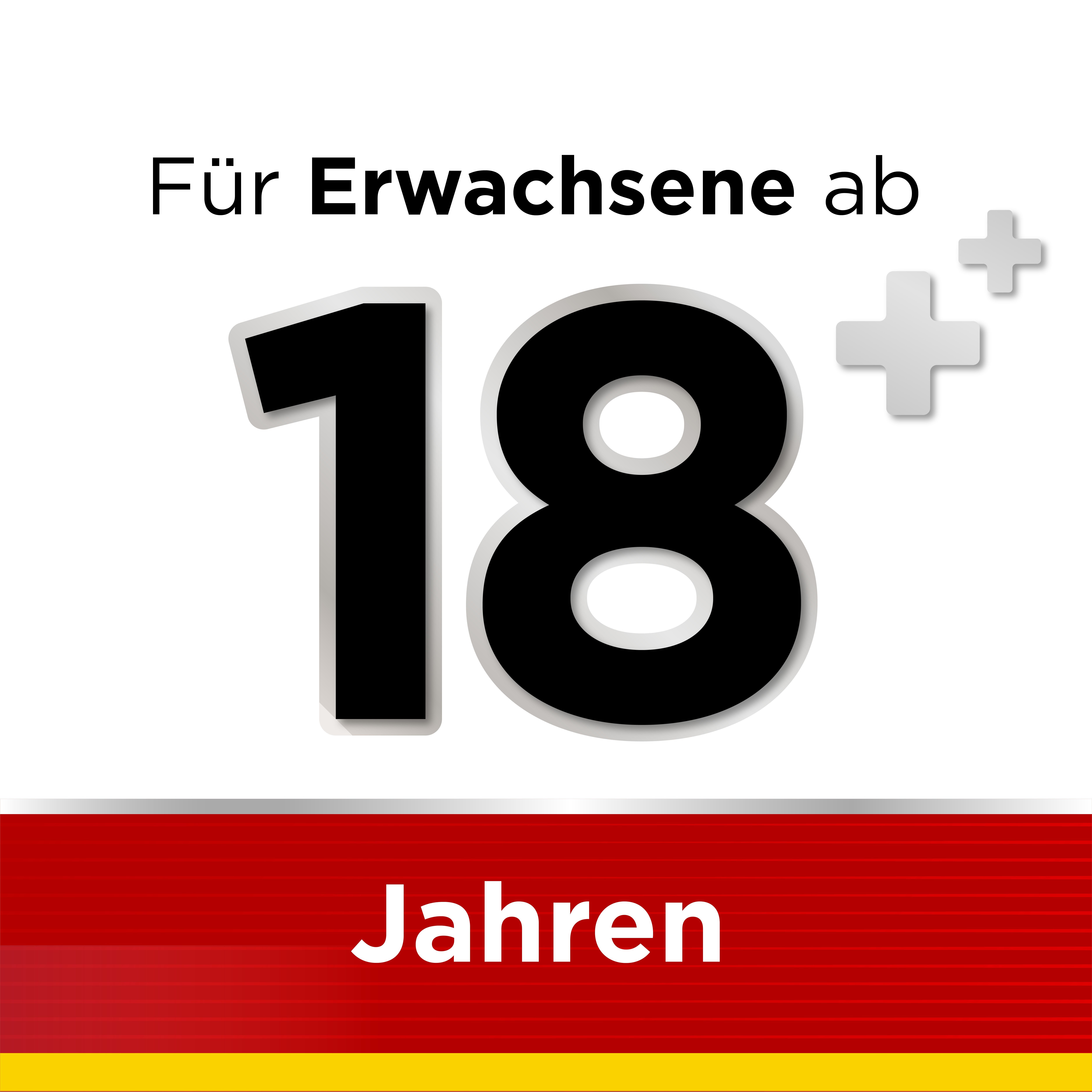 Text: Für Erwachsene ab 18 Jahren. Schwarze Ziffern auf weißem Hintergrund. Roter und gelber Streifen.