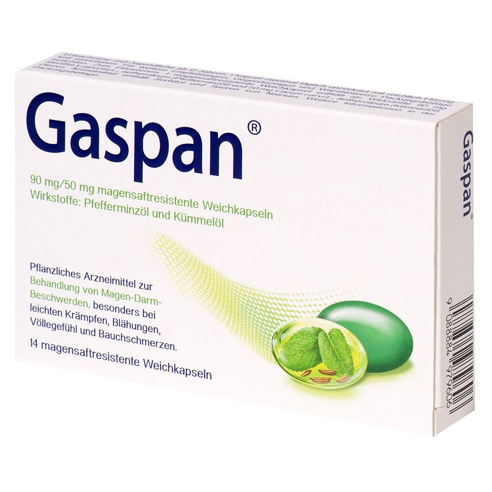 Gaspan®-Verpackung. Weiße Schachtel mit blauem Schriftzug. Enthält 14 magensaftresistente Weichkapseln. Abbildung von Kapseln und Kräutern.