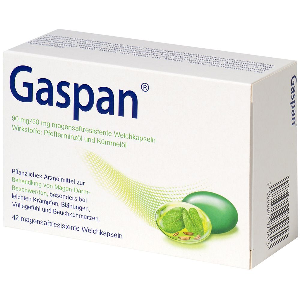 Gaspan®-Verpackung. Weiße Schachtel mit blauem Schriftzug. Enthält 42 magensaftresistente Weichkapseln.