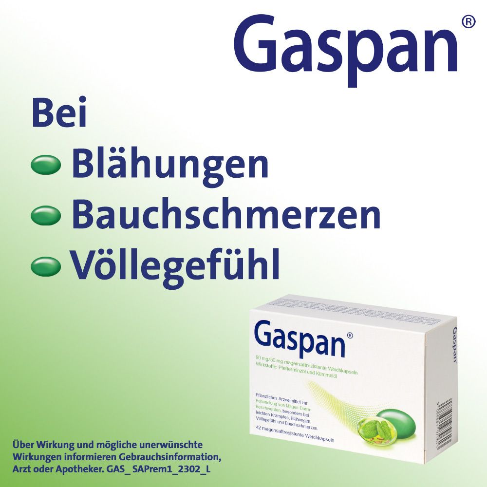Gaspan®-Werbung. Text: Bei Blähungen, Bauchschmerzen, Völlegefühl. Weiße Schachtel im Hintergrund.
