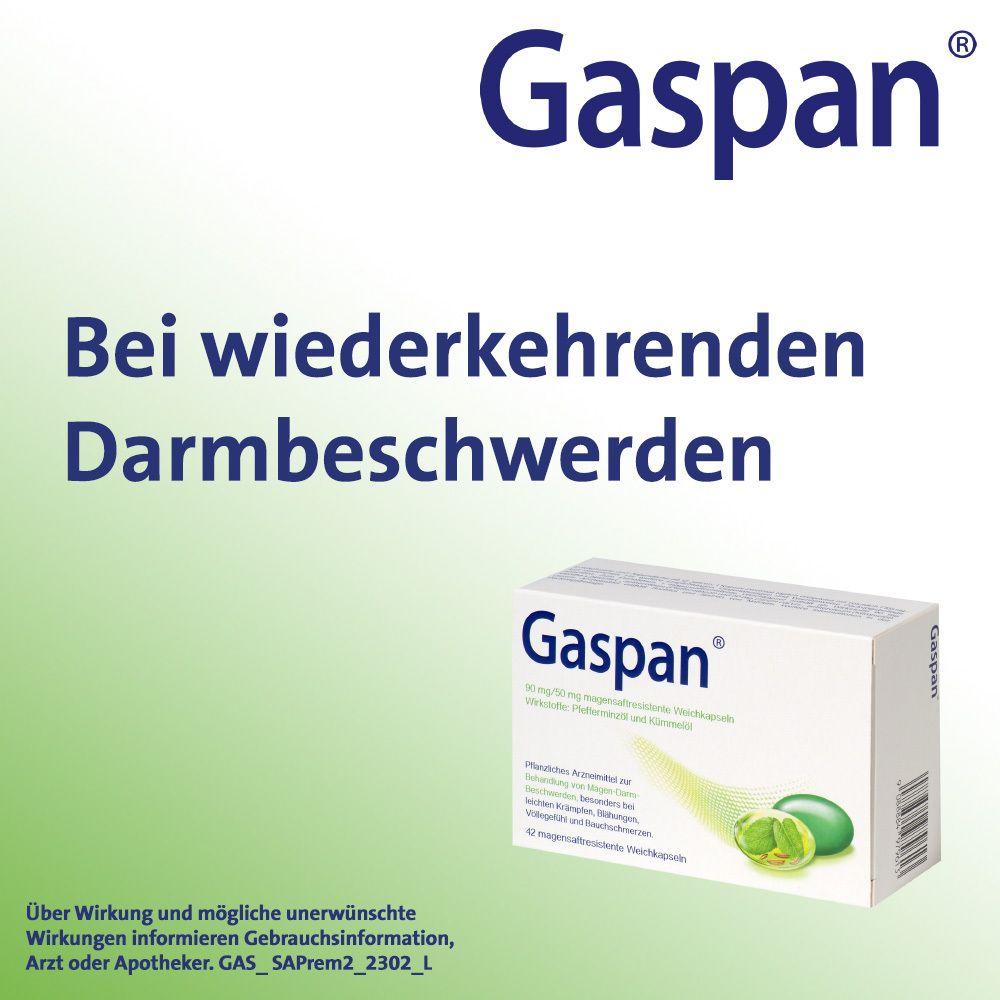 Gaspan®-Werbung. Text: Bei wiederkehrenden Darmbeschwerden. Weiße Schachtel im Hintergrund.