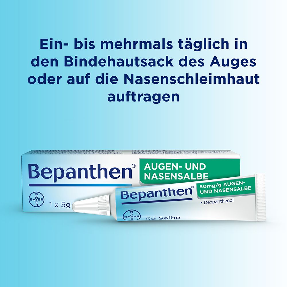 Bepanthen Augen- und Nasensalbe, Tube und Verpackung. Text: Ein- bis mehrmals täglich in den Bindehautsack des Auges oder auf die Nasenschleimhaut auftragen.