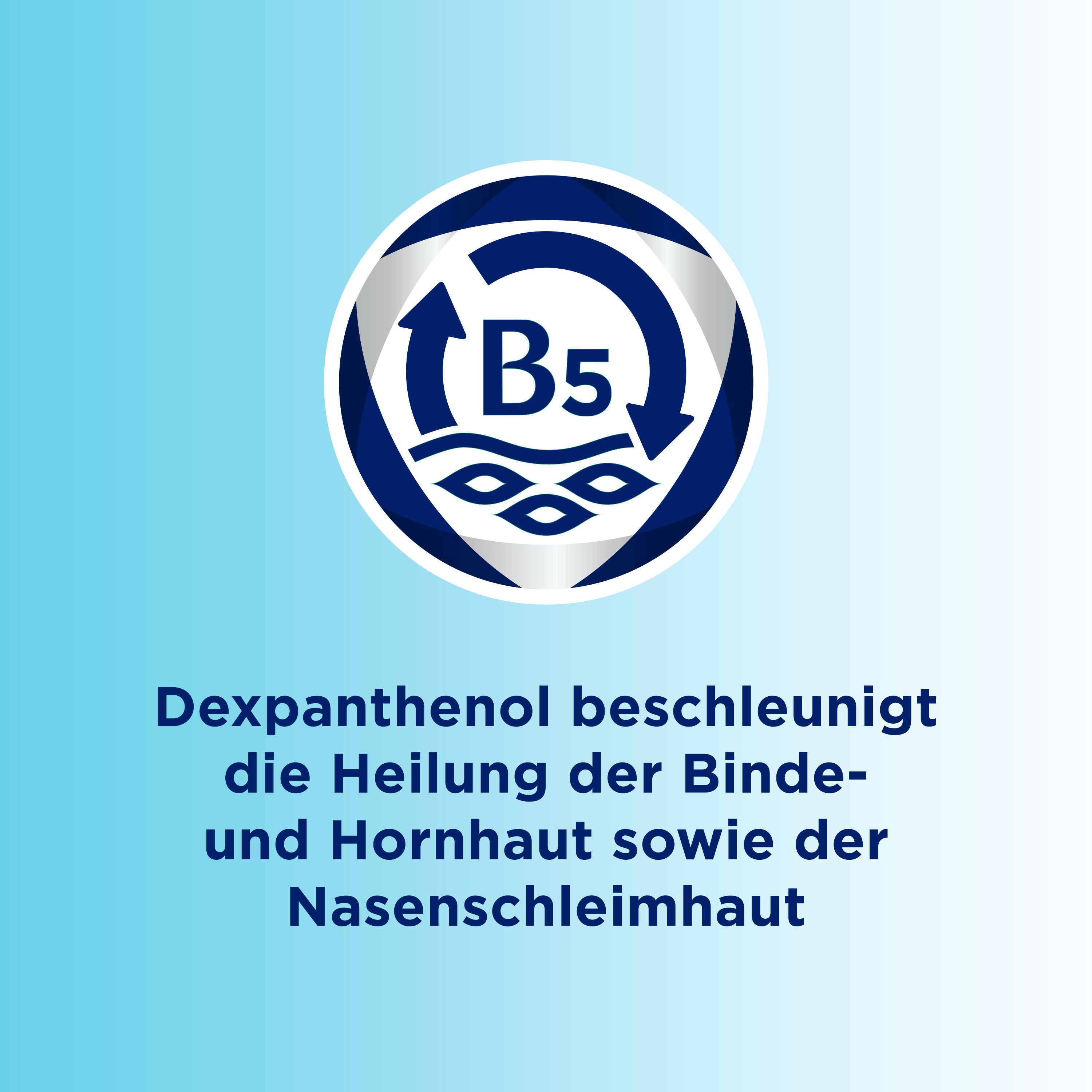 Logo mit B5-Symbol. Text: Dexpanthenol beschleunigt die Heilung der Binde- und Hornhaut sowie der Nasenschleimhaut.