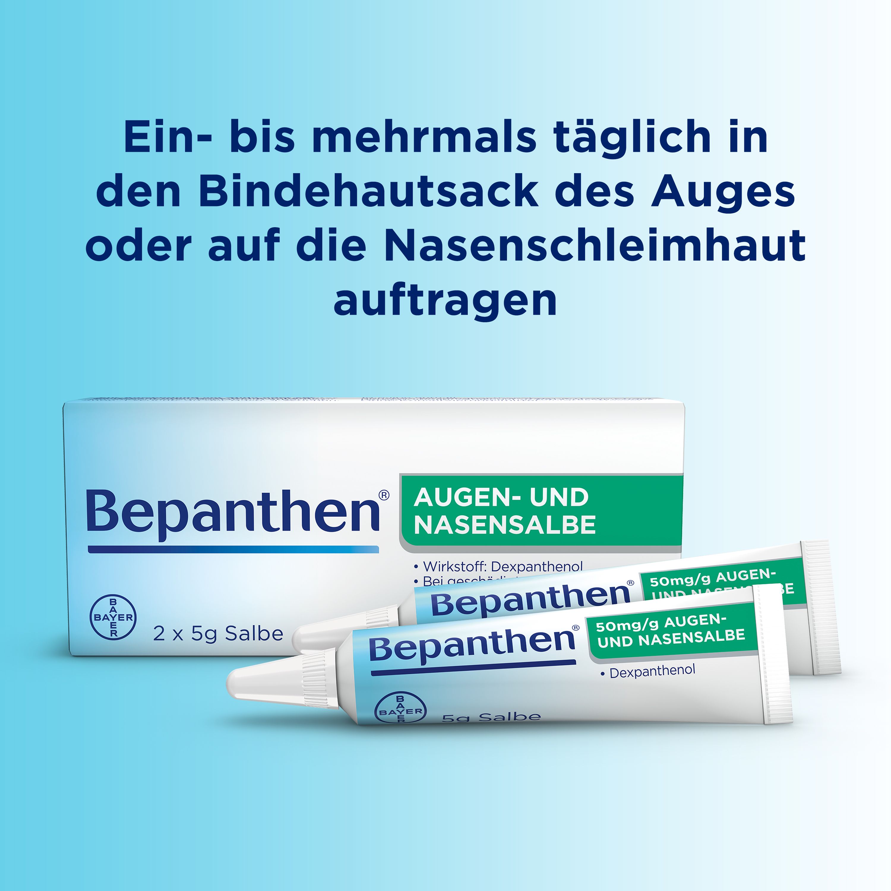 Produktabbildung: Bepanthen® Augen- und Nasensalbe, Tuben und Packung. Text: Ein- bis mehrmals täglich in den Bindehautsack des Auges oder auf die Nasenschleimhaut auftragen.