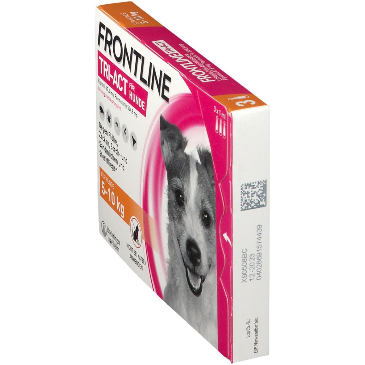 FRONTLINE TRI-ACT Verpackung für Hunde 5-10 kg. Enthält 3 x 1 ml. Seitenansicht. Abbildung eines Hundes. Gegen Flöhe, Zecken, Sandmücken und Stechfliegen.