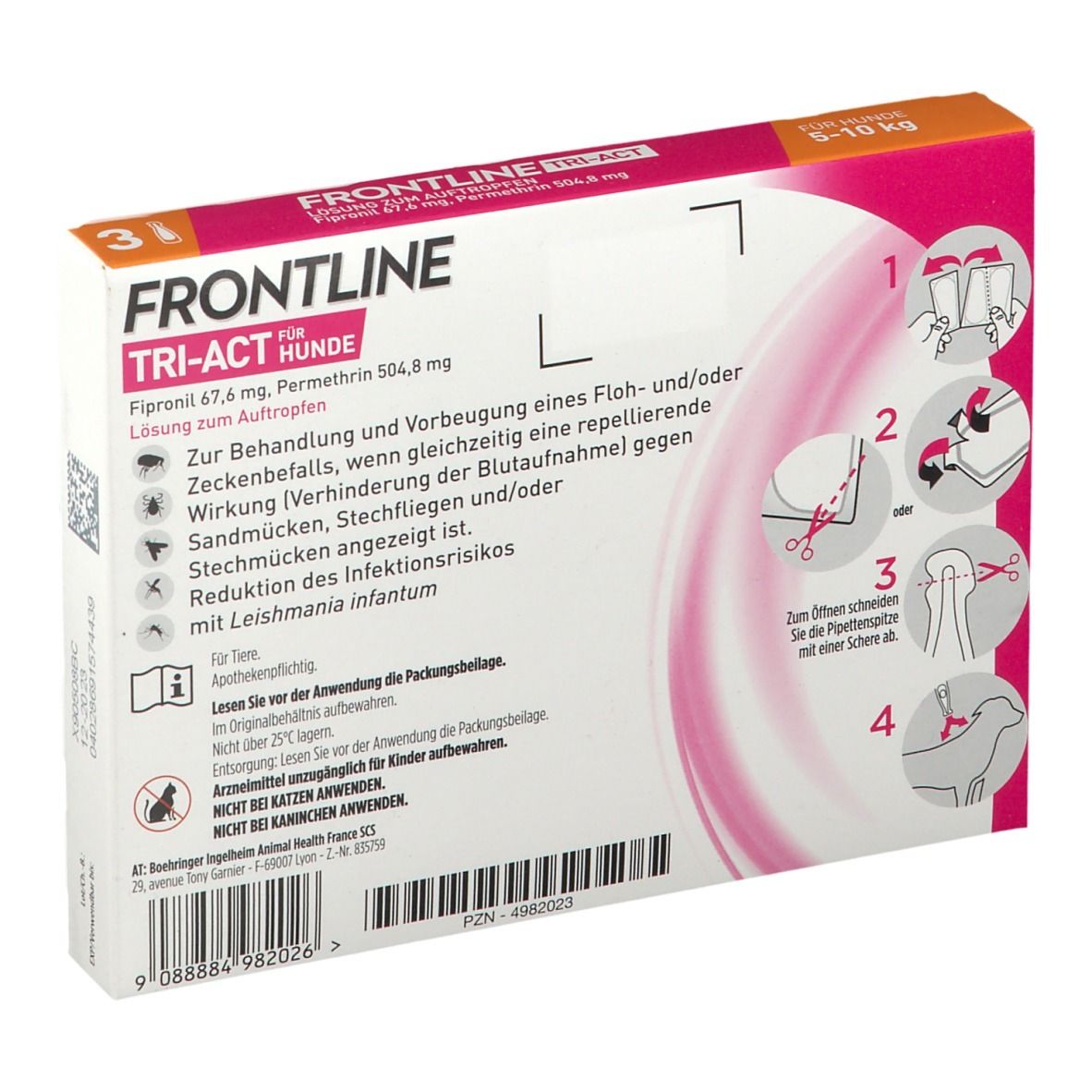 Rückseite der FRONTLINE TRI-ACT Verpackung. Enthält Informationen zur Anwendung. Für Hunde 5-10 kg. Nicht bei Katzen anwenden.