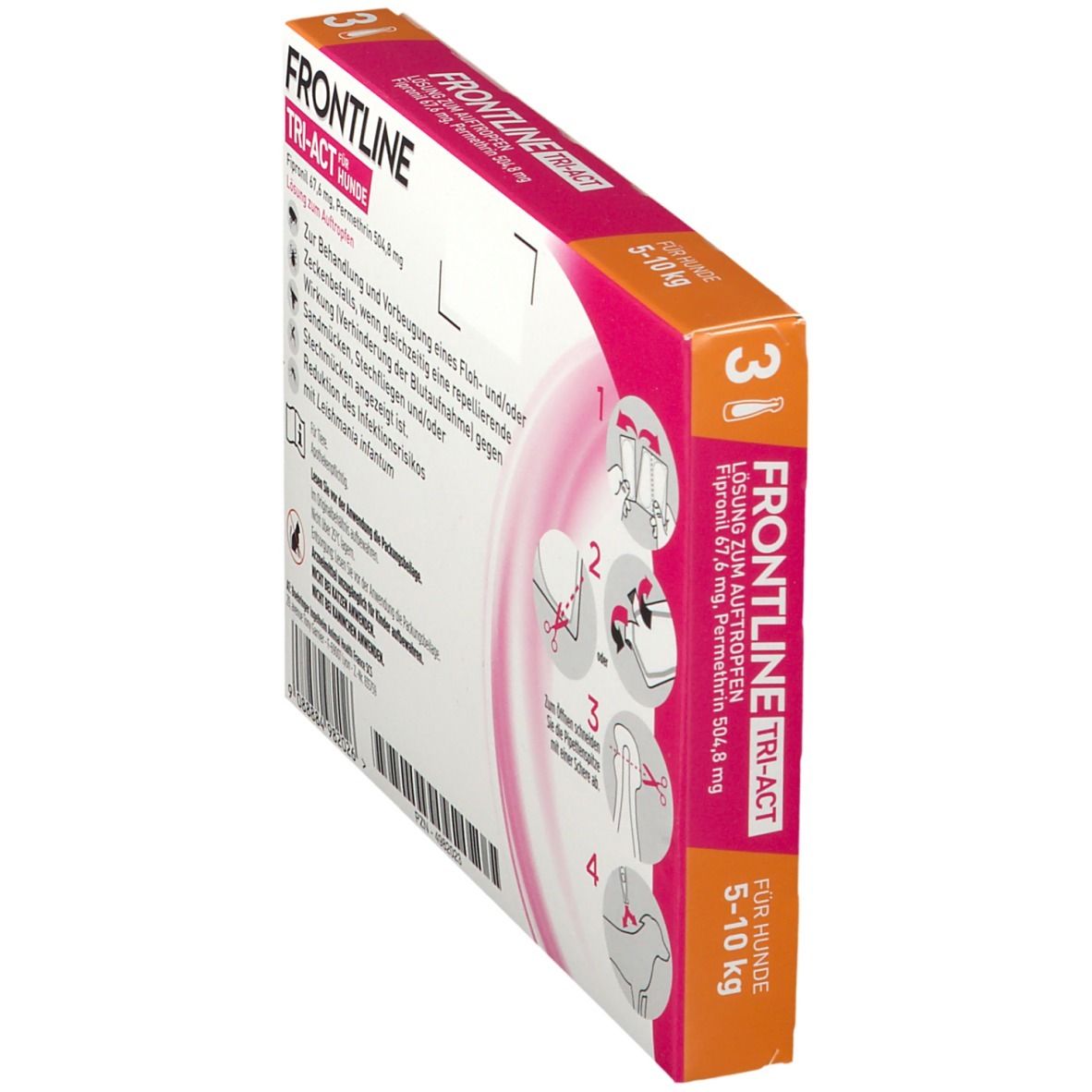 Seitenansicht der FRONTLINE TRI-ACT Verpackung. Enthält Informationen zur Anwendung. Für Hunde 5-10 kg. Nicht bei Katzen anwenden.