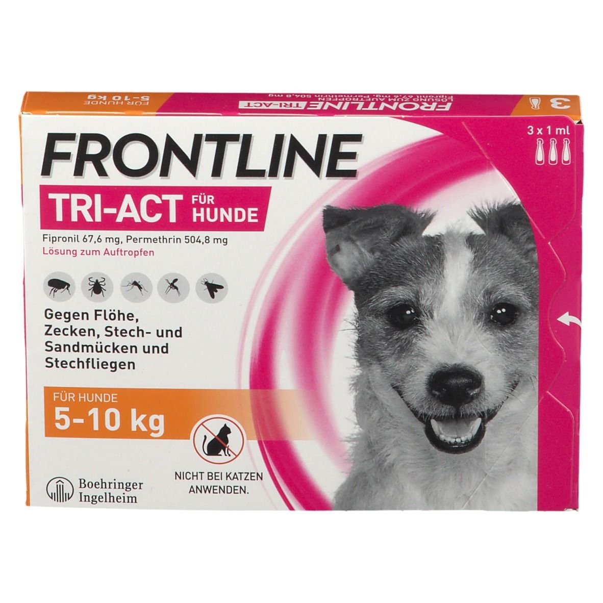 FRONTLINE TRI-ACT Verpackung für Hunde 5-10 kg. Enthält 3 x 1 ml. Abbildung eines Hundes. Gegen Flöhe, Zecken, Sandmücken und Stechfliegen.