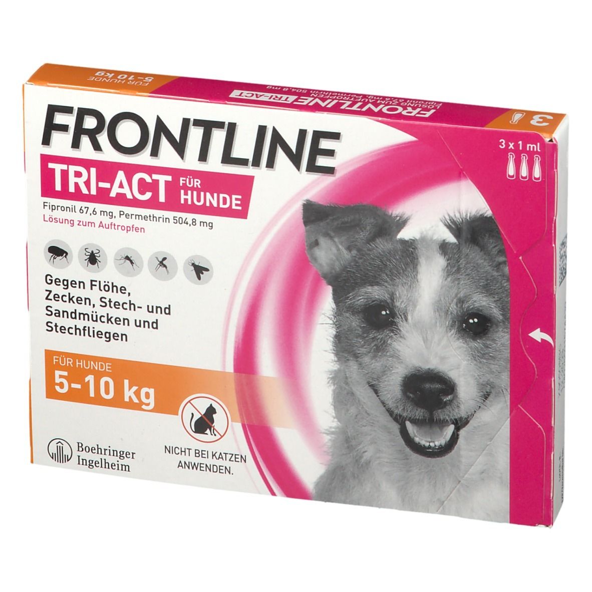 FRONTLINE TRI-ACT Verpackung für Hunde 5-10 kg. Enthält 3 x 1 ml. Abbildung eines Hundes. Gegen Flöhe, Zecken, Sandmücken und Stechfliegen.