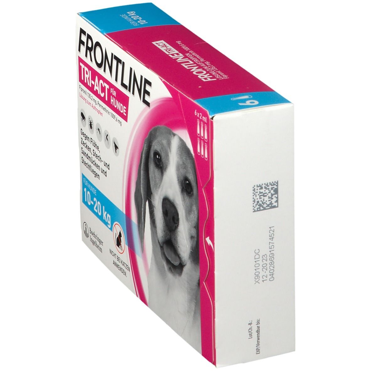 FRONTLINE TRI-ACT Verpackung, Seitenansicht. Enthält 6 x 2 ml. Für Hunde 10-20 kg. QR-Code.