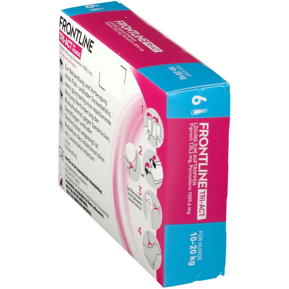 FRONTLINE TRI-ACT Verpackung, Rückseite. Anwendungshinweise. Für Hunde 10-20 kg. 6 x 2 ml.