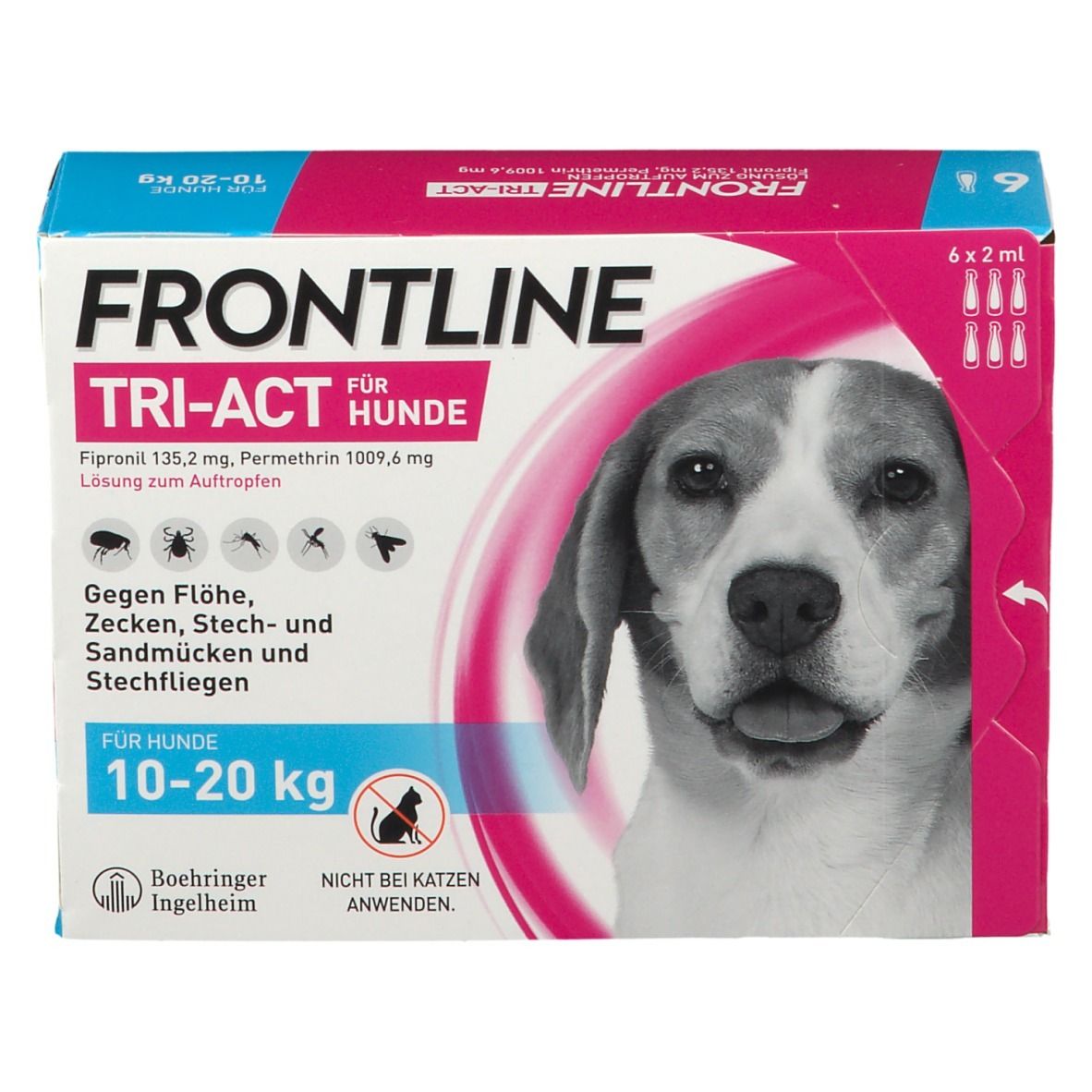 FRONTLINE TRI-ACT Verpackung. Enthält 6 x 2 ml. Für Hunde 10-20 kg. Abbildung eines Hundes.