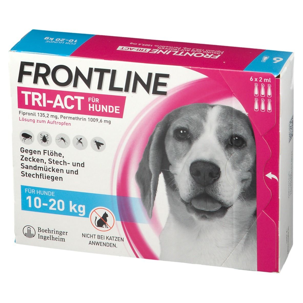 FRONTLINE TRI-ACT Verpackung. Enthält 6 x 2 ml. Für Hunde 10-20 kg. Abbildung eines Hundes.