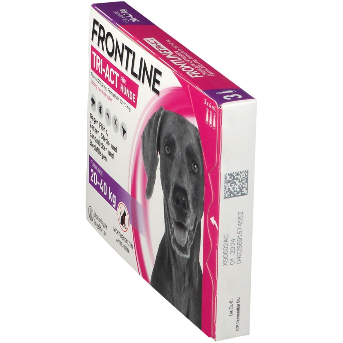 FRONTLINE TRI-ACT Verpackung für Hunde 20-40 kg. Ansicht von oben. Enthält 3x4 ml. Mit Hundegrafik und Produktinformationen.
