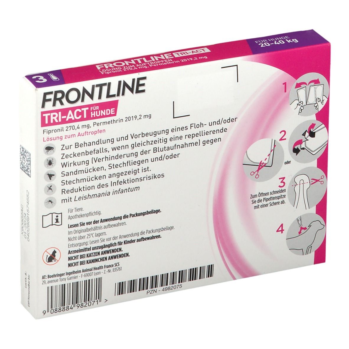 Rückseite der FRONTLINE TRI-ACT Verpackung für Hunde. Enthält Anweisungen und Produktinformationen. Mit Illustrationen.