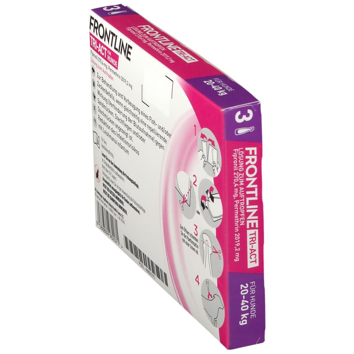 FRONTLINE TRI-ACT Verpackung für Hunde, Rückansicht. Enthält Anweisungen und Produktinformationen. Mit Illustrationen.