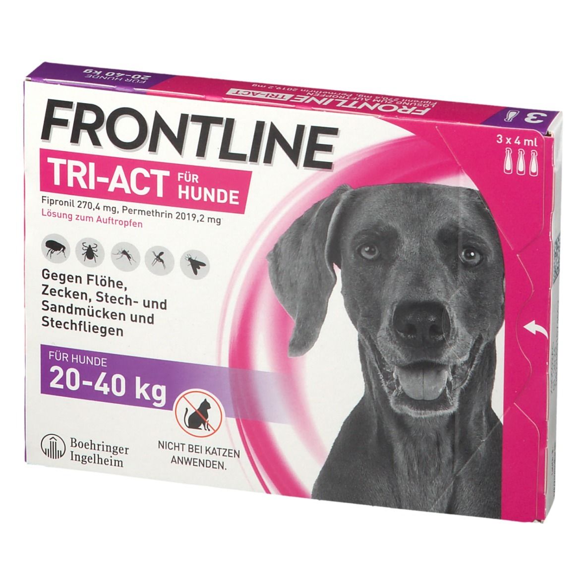FRONTLINE TRI-ACT Verpackung für Hunde 20-40 kg. Enthält 3x4 ml. Mit Hundegrafik und Produktinformationen.