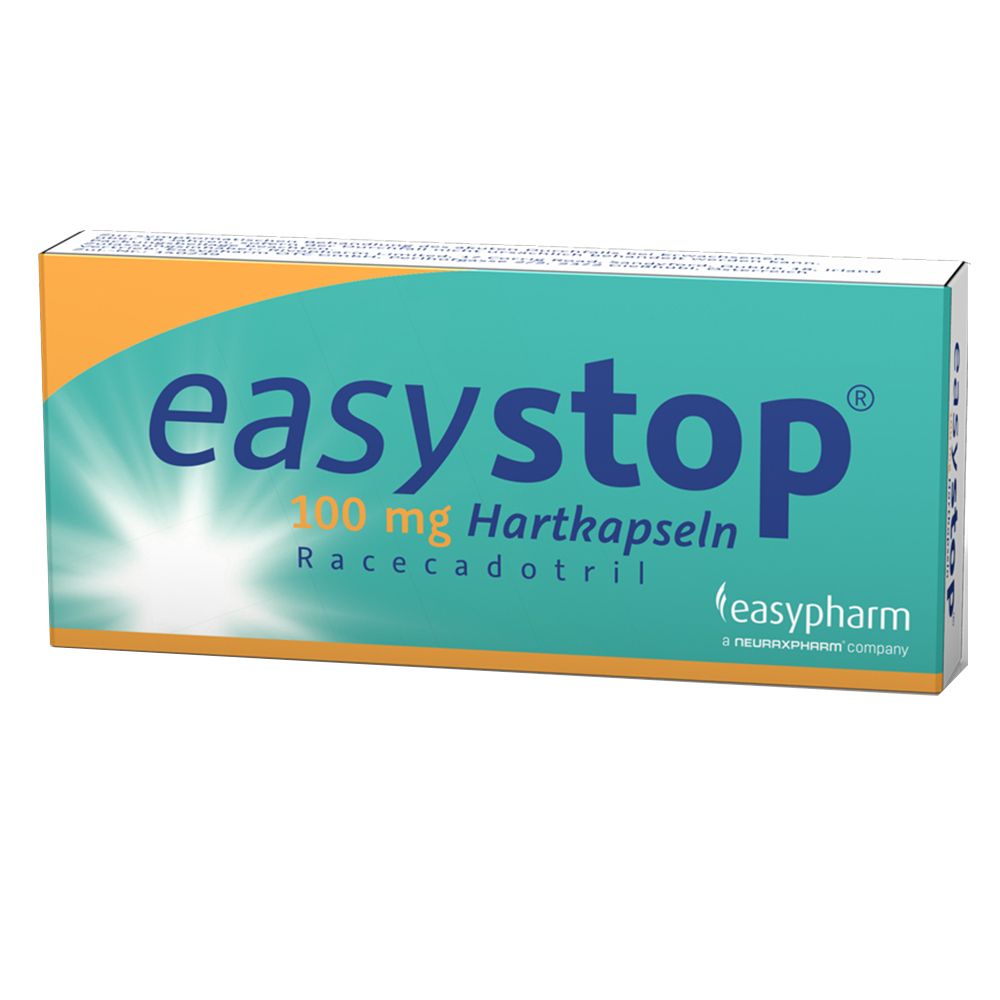 Packung easystop® 100 mg Hartkapseln. Aufschrift: Racecadotril, easystop®, easypharm.