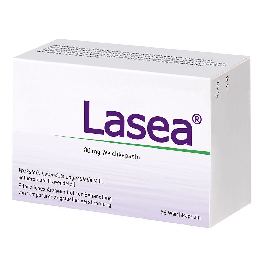 Weichkapseln-Packung von Lasea® 80 mg. Aufschrift: 80 mg Weichkapseln, 56 Weichkapseln. Wirkstoff: Lavandula angustifolia Mill., aetheroleum (Lavendelöl).