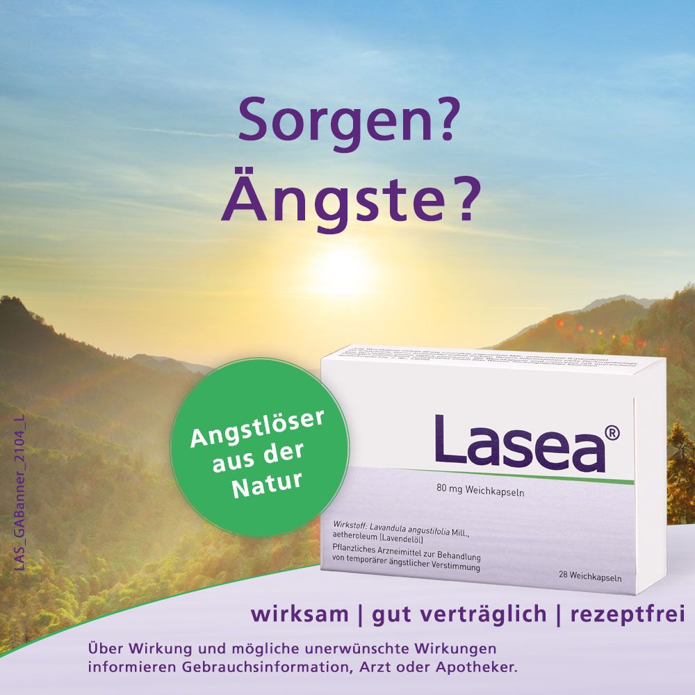 Werbebild mit Lasea® 80 mg Packung. Text: Sorgen? Ängste? Angstdlöser aus der Natur. Gut verträglich | rezeptfrei. 28 Weichkapseln.