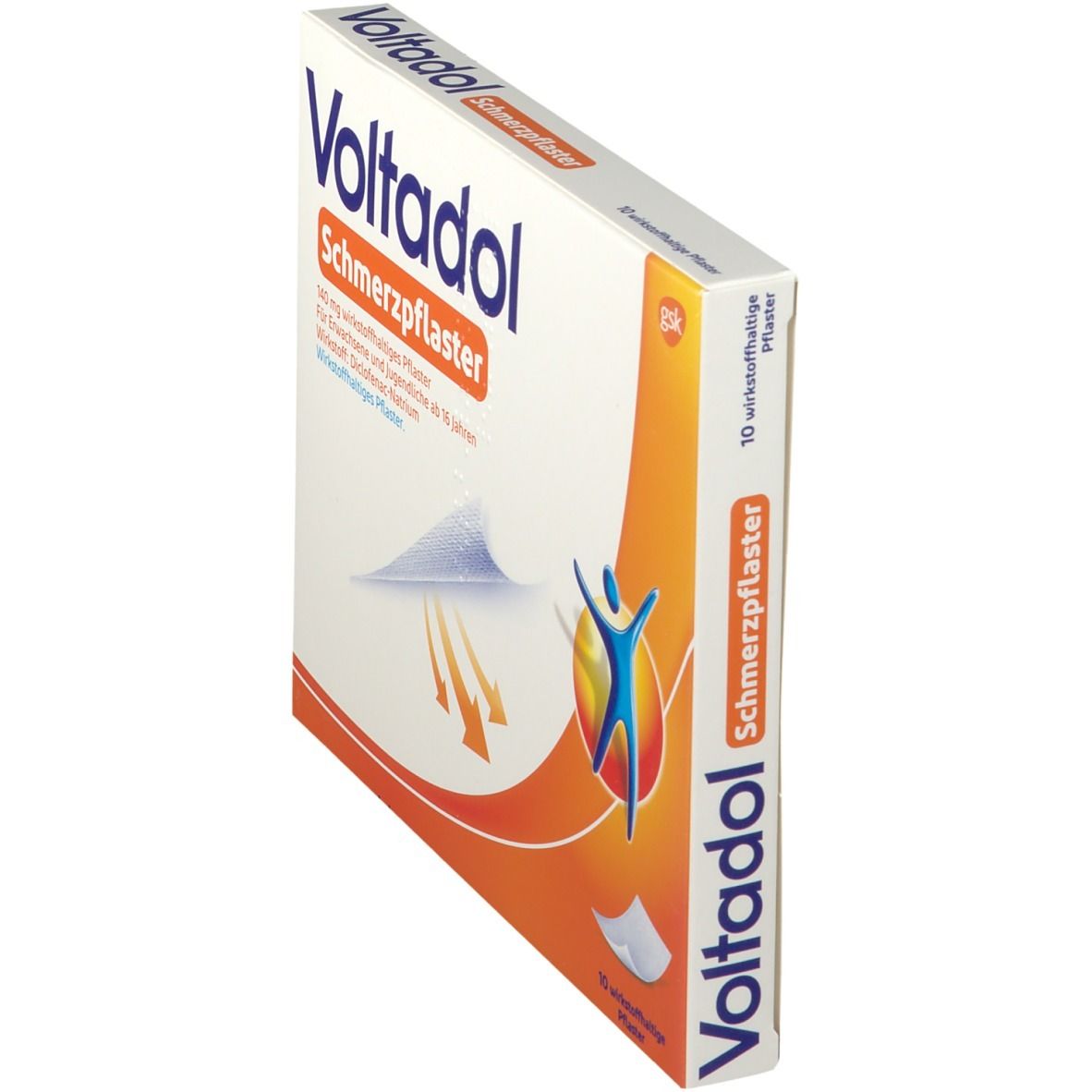 Voltadol Schmerzpflaster-Verpackung, weiß mit orangefarbenem Akzent. Aufschrift: Voltadol, Schmerzpflaster. Enthält 10 wirkstoffhaltige Pflaster.