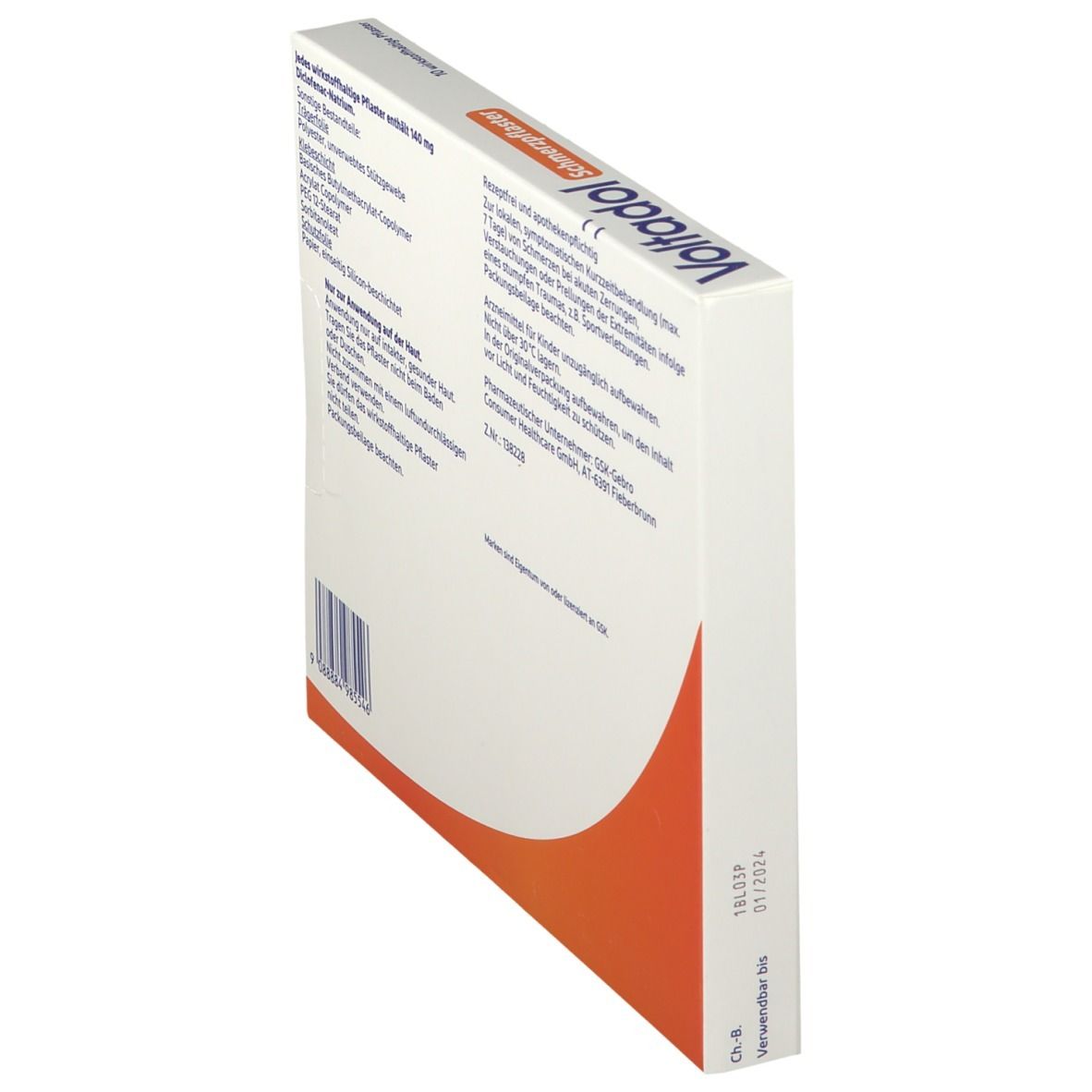 Seitenansicht der Voltadol Schmerzpflaster-Verpackung. Textinformationen in deutscher Sprache. Orangefarbener Akzent.