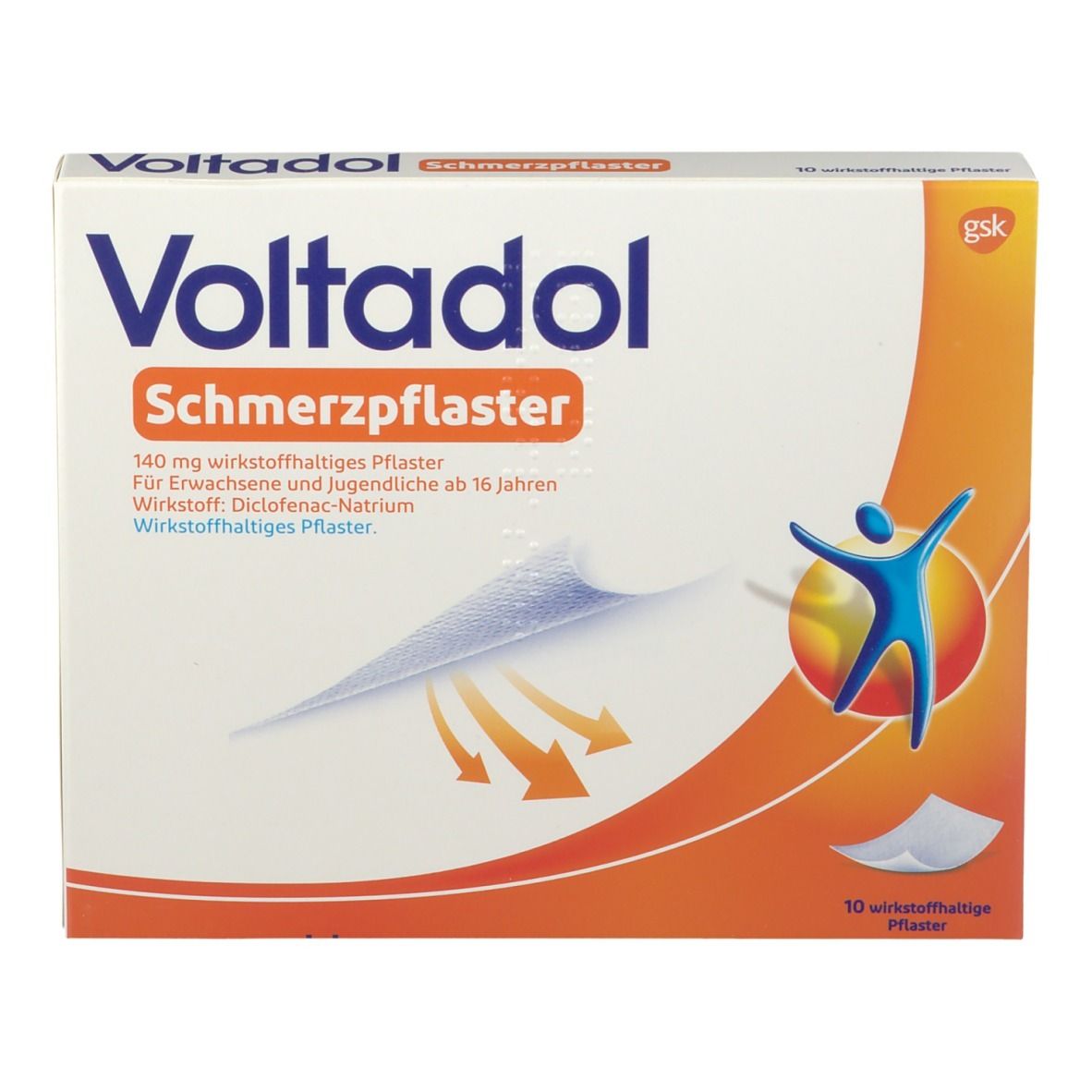 Voltadol Schmerzpflaster-Verpackung, weiß mit orangefarbenem Akzent. Aufschrift: Voltadol, Schmerzpflaster. Enthält 10 wirkstoffhaltige Pflaster.