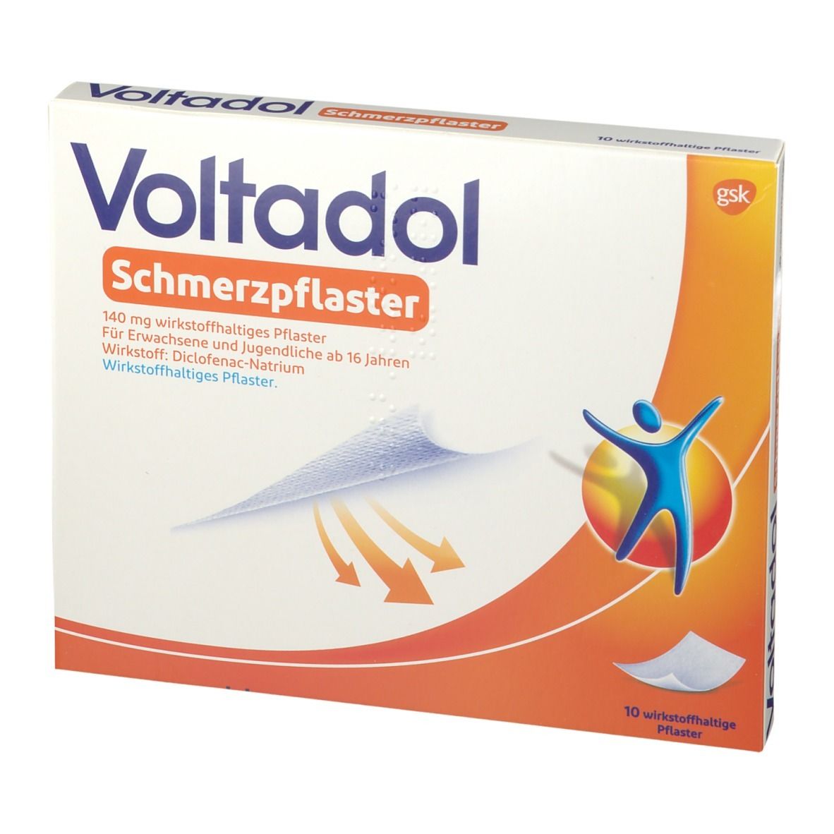 Voltadol Schmerzpflaster-Verpackung, weiß mit orangefarbenem Akzent. Aufschrift: Voltadol, Schmerzpflaster. Enthält 10 wirkstoffhaltige Pflaster.