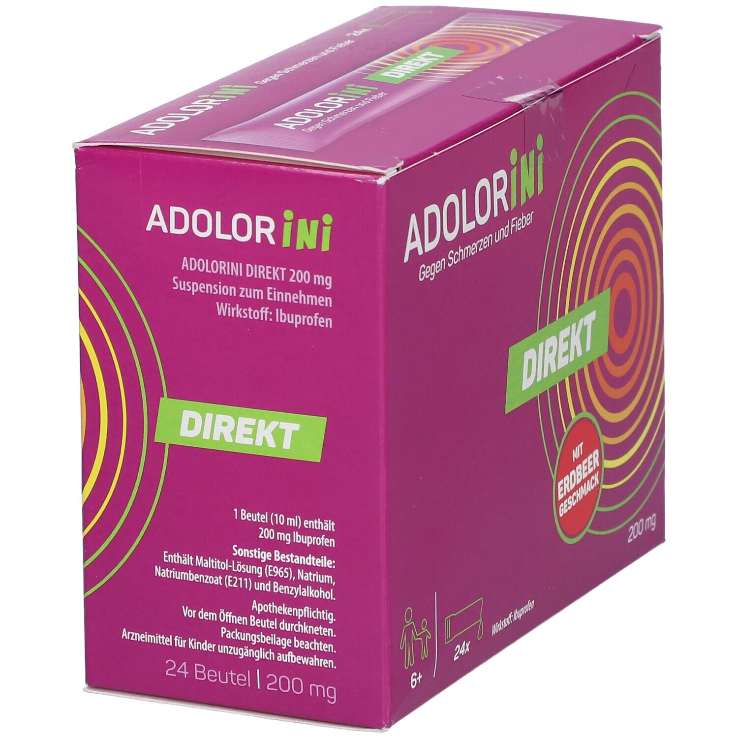 ADOLORINI DIREKT Packung. Rosa Schachtel mit grünen und gelben Elementen. Aufschrift: Gegen Schmerzen und Fieber, DIREKT, 200 mg.