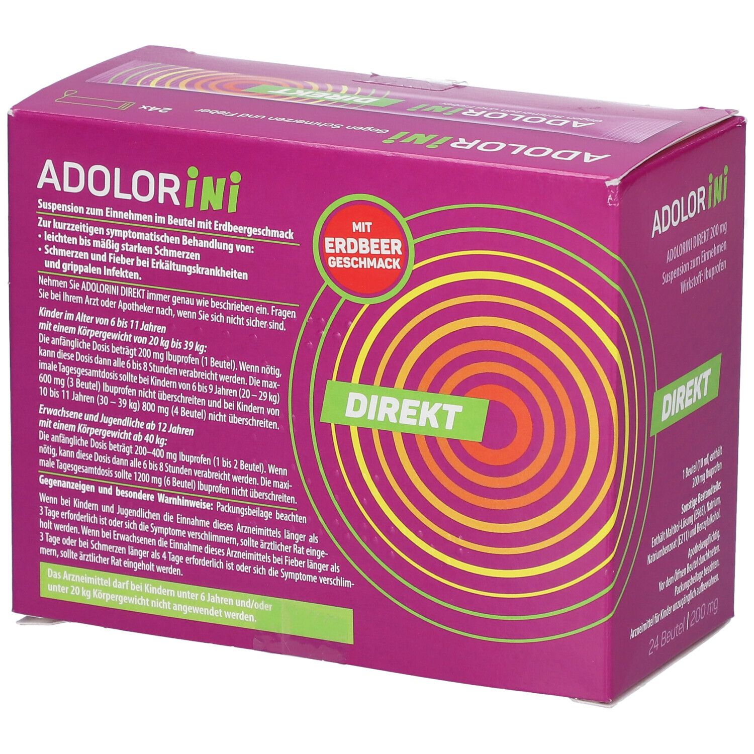ADOLORINI DIREKT Packung. Rosa Schachtel mit grünen und gelben Elementen. Aufschrift: Gegen Schmerzen und Fieber, DIREKT, 200 mg.