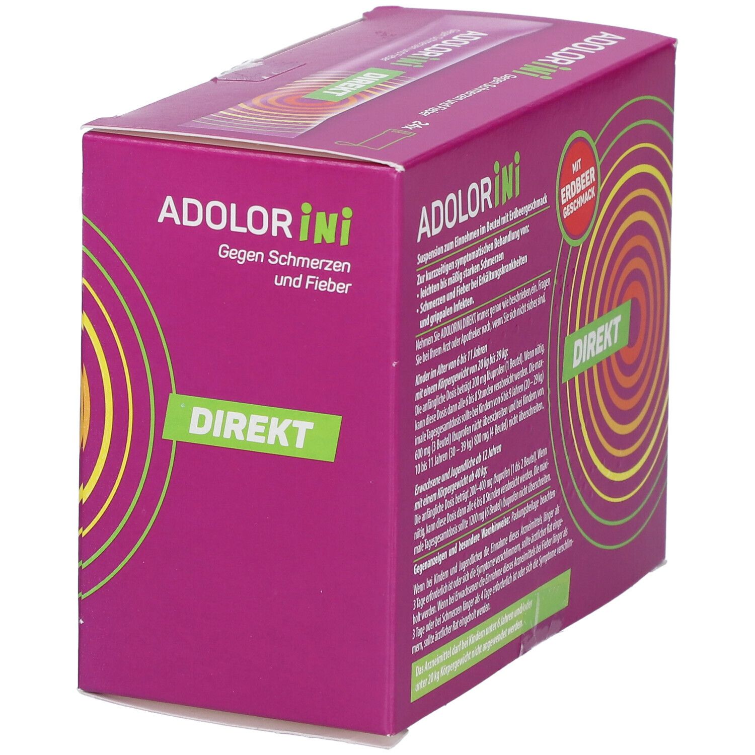 ADOLORINI DIREKT Packung. Rosa Schachtel mit grünen und gelben Elementen. Aufschrift: Gegen Schmerzen und Fieber, DIREKT, 200 mg.