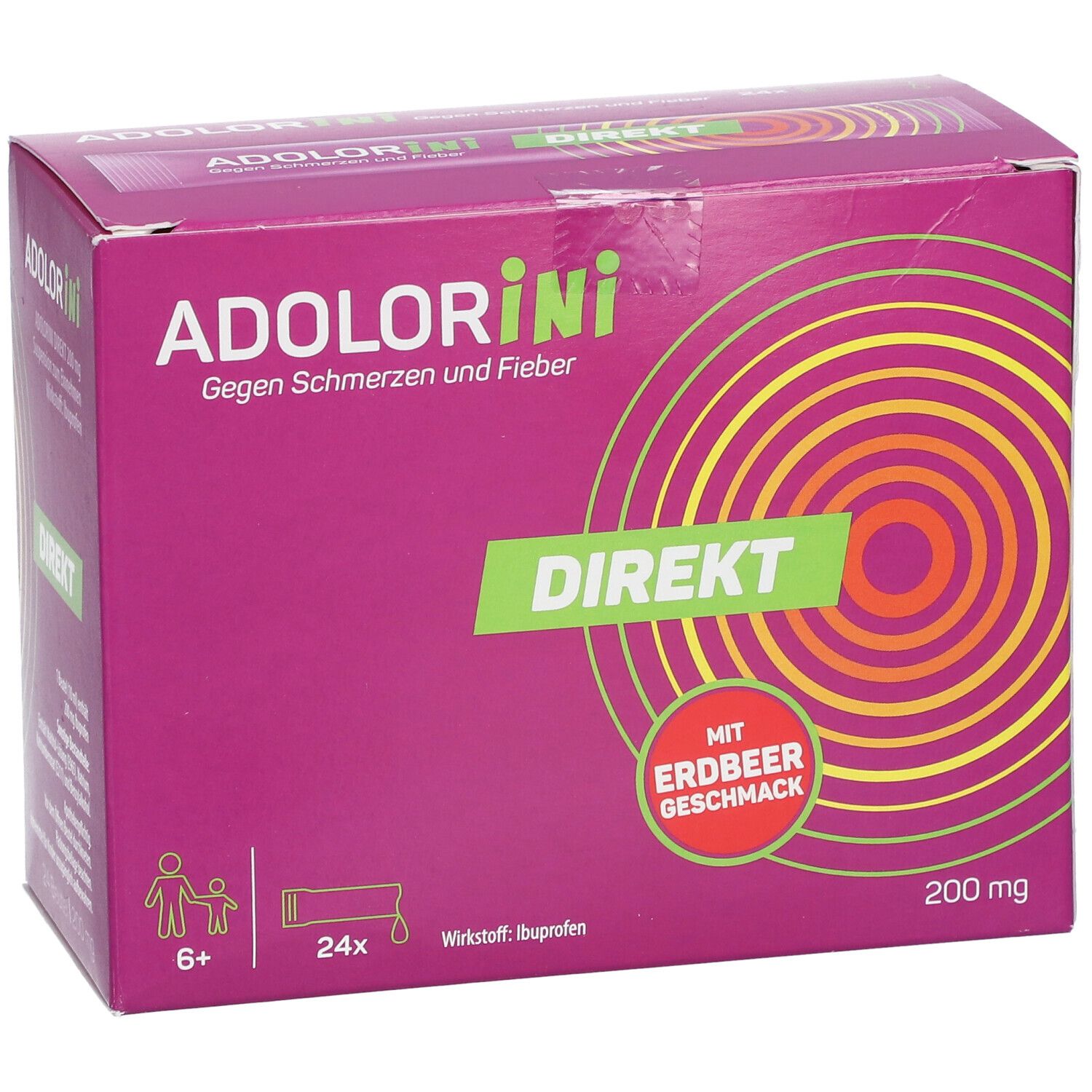 ADOLORINI DIREKT Packung. Rosa Schachtel mit grünen und gelben Elementen. Aufschrift: Gegen Schmerzen und Fieber, DIREKT, 200 mg.